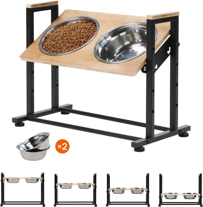 Adjustable Height Pet Feeder Stand with 2 Dishwasher-Safe Stainless Steel Bowls – Brown Wood Top & Black Metal Frame Elevated Food/Water Station for Dogs/Cats Under 100LBS