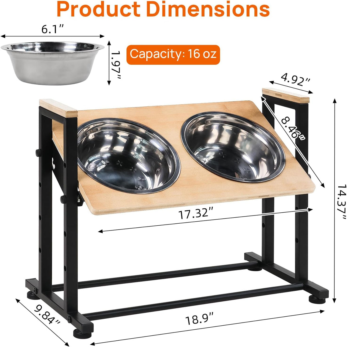 Adjustable Height Pet Feeder Stand with 2 Dishwasher-Safe Stainless Steel Bowls – Brown Wood Top & Black Metal Frame Elevated Food/Water Station for Dogs/Cats Under 100LBS