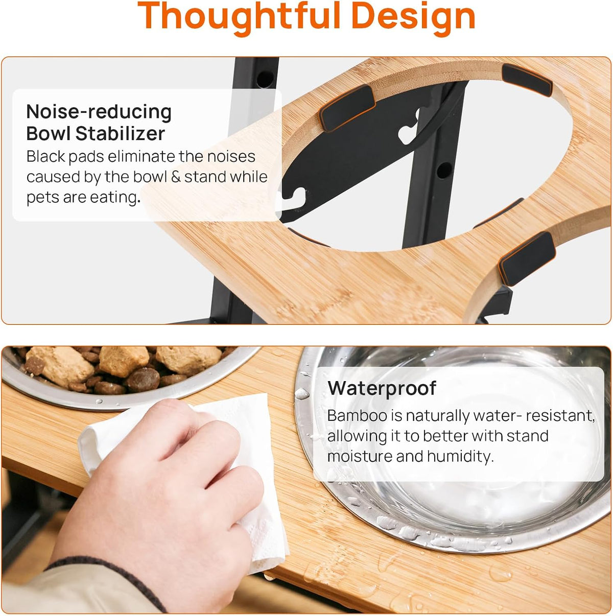 Adjustable Height Pet Feeder Stand with 2 Dishwasher-Safe Stainless Steel Bowls – Brown Wood Top & Black Metal Frame Elevated Food/Water Station for Dogs/Cats Under 100LBS