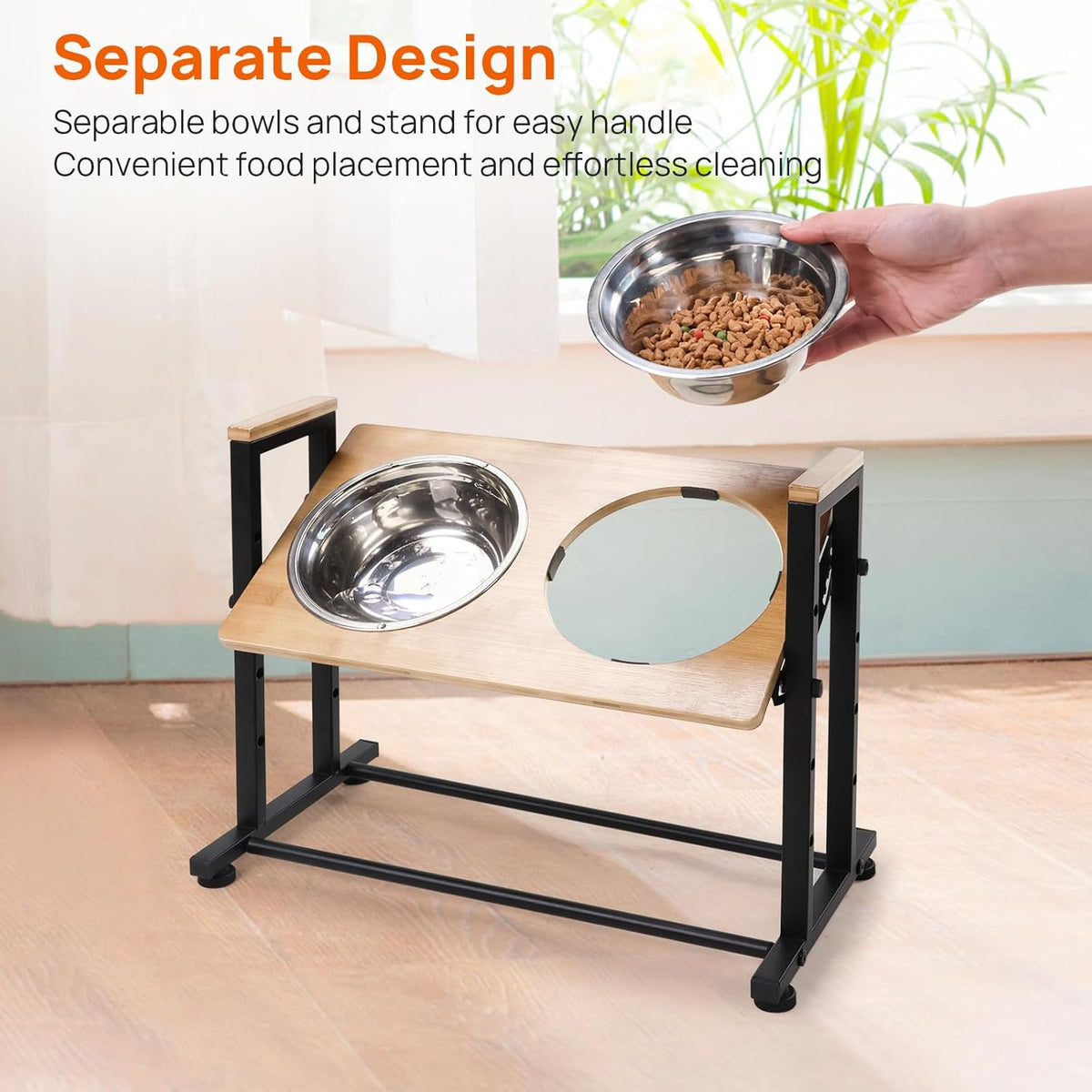 Adjustable Height Pet Feeder Stand with 2 Dishwasher-Safe Stainless Steel Bowls – Brown Wood Top & Black Metal Frame Elevated Food/Water Station for Dogs/Cats Under 100LBS