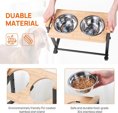 Adjustable Height Pet Feeder Stand with 2 Dishwasher-Safe Stainless Steel Bowls – Brown Wood Top & Black Metal Frame Elevated Food/Water Station for Dogs/Cats Under 100LBS