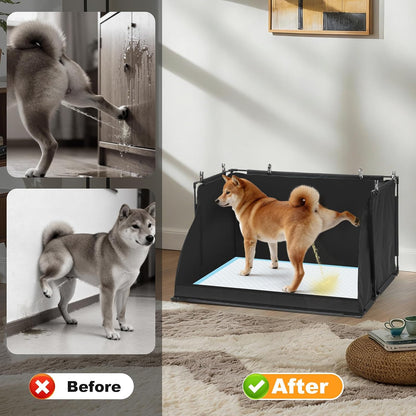Dog Pee Pad Holder with High Walls, Foldable Indoor Puppy Potty Training Station, Extra Large No-Spill Pet Litter Box Toilet for Male Dogs to Stop Peeing in House- Black