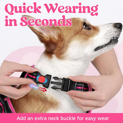Dog Harness for Large, No Pull 3 Buckles Easy On & Off | Soft Padded, Walking with Control Handle, Adjustable and Reflective, Pink, Large