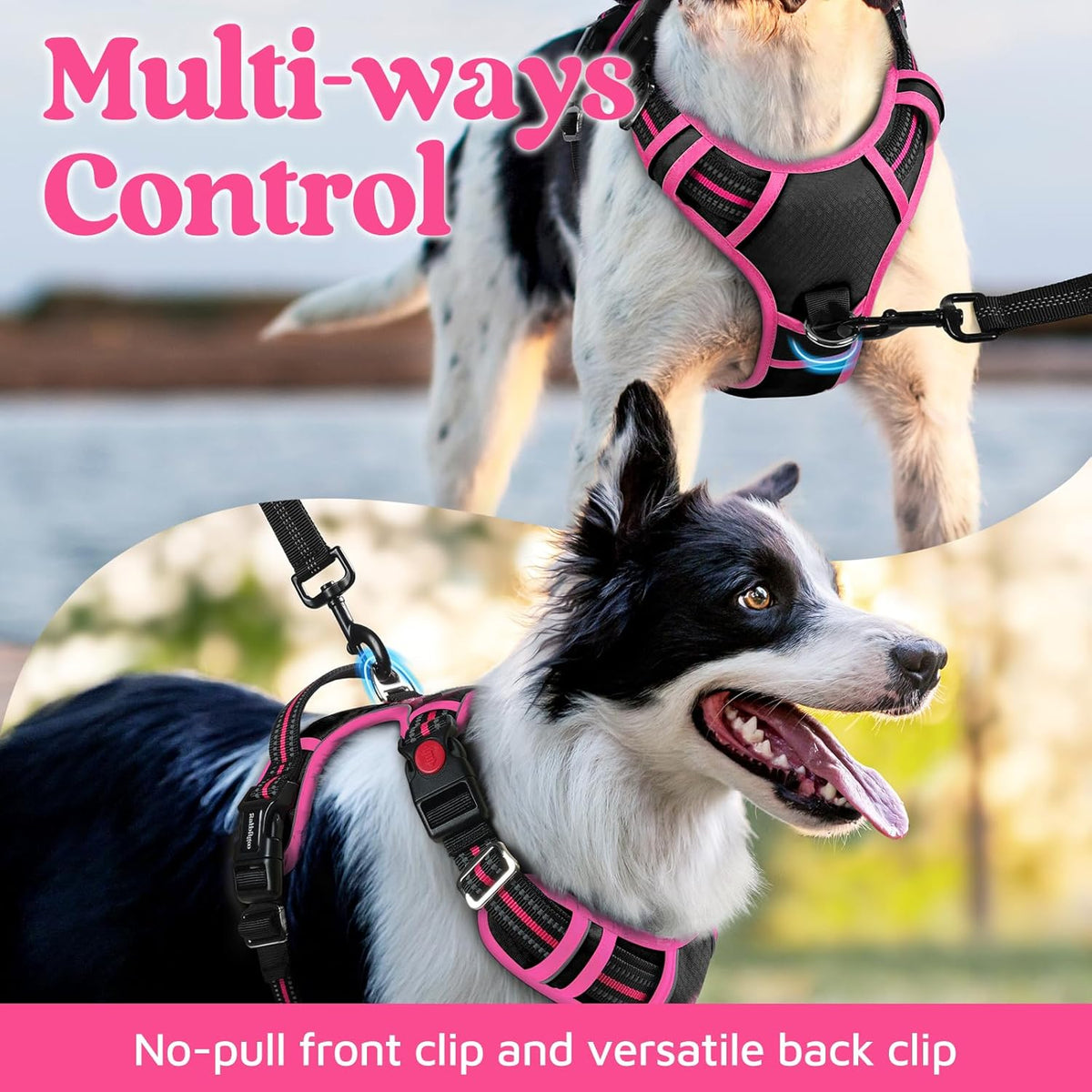 Dog Harness for Large, No Pull 3 Buckles Easy On & Off | Soft Padded, Walking with Control Handle, Adjustable and Reflective, Pink, Large