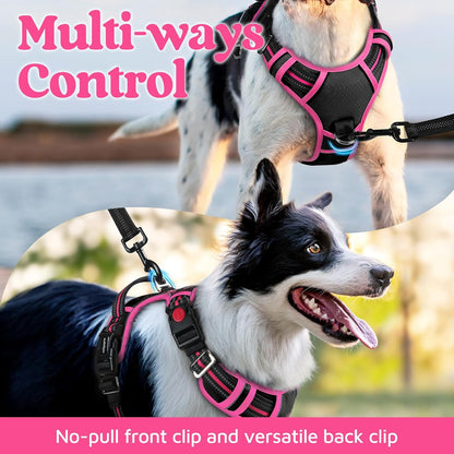 Dog Harness for Large, No Pull 3 Buckles Easy On & Off | Soft Padded, Walking with Control Handle, Adjustable and Reflective, Pink, Large