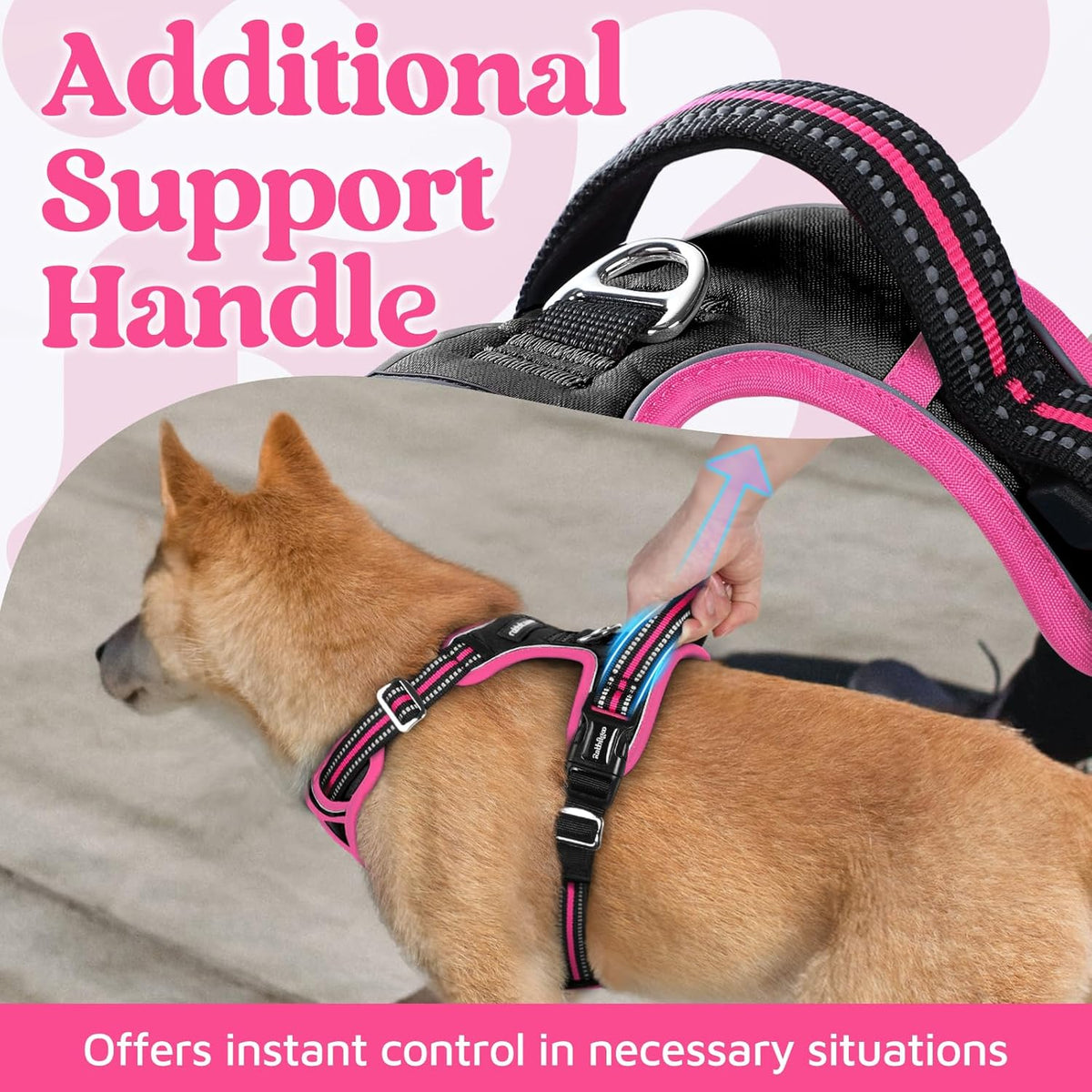Dog Harness for Large, No Pull 3 Buckles Easy On & Off | Soft Padded, Walking with Control Handle, Adjustable and Reflective, Pink, Large
