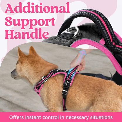 Dog Harness for Large, No Pull 3 Buckles Easy On & Off | Soft Padded, Walking with Control Handle, Adjustable and Reflective, Pink, Large