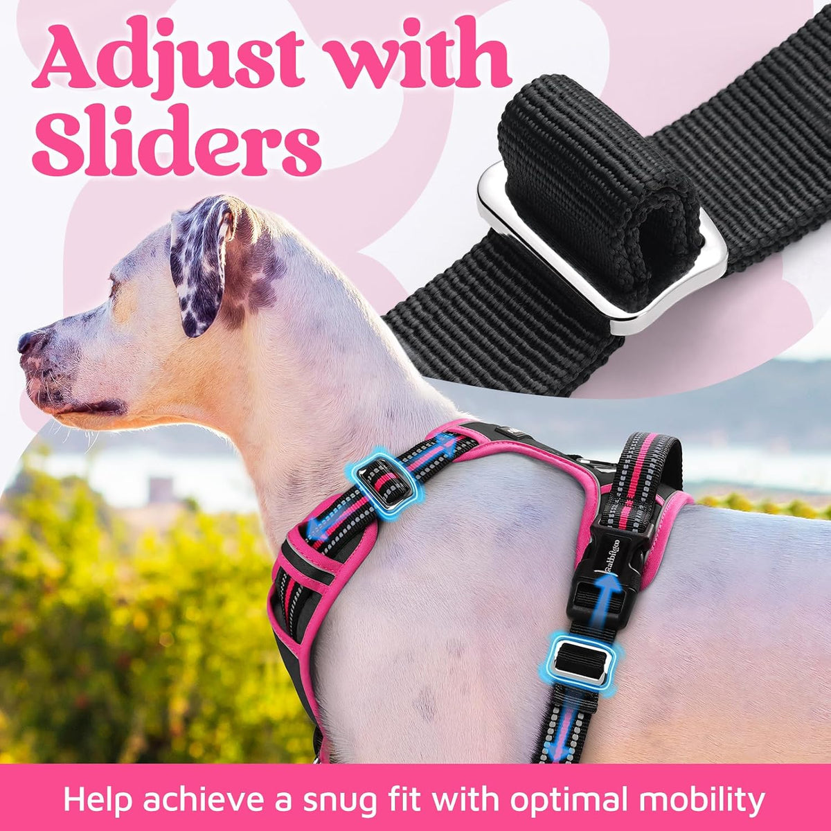 Dog Harness for Large, No Pull 3 Buckles Easy On & Off | Soft Padded, Walking with Control Handle, Adjustable and Reflective, Pink, Large