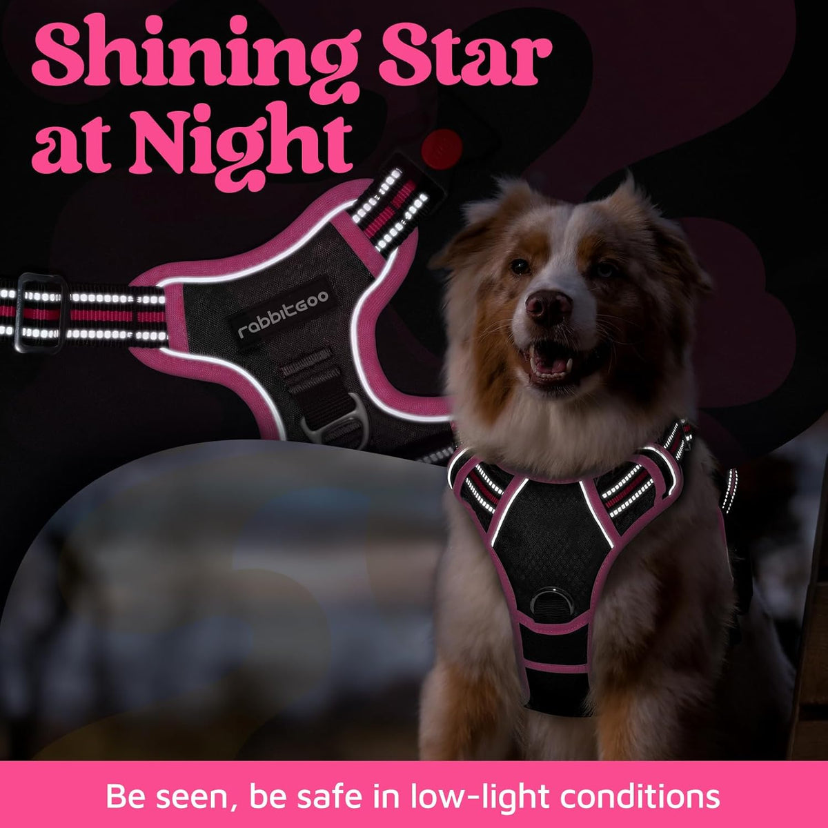 Dog Harness for Large, No Pull 3 Buckles Easy On & Off | Soft Padded, Walking with Control Handle, Adjustable and Reflective, Pink, Large