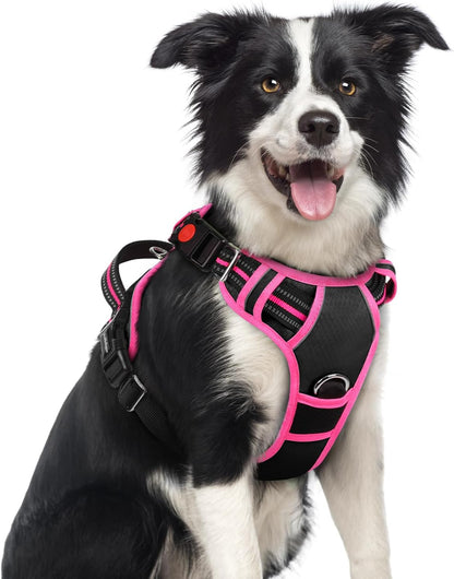 Dog Harness for Large, No Pull 3 Buckles Easy On & Off | Soft Padded, Walking with Control Handle, Adjustable and Reflective, Pink, Large