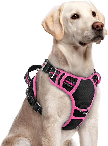 Dog Harness for Large, No Pull 3 Buckles Easy On & Off | Soft Padded, Walking with Control Handle, Adjustable and Reflective, Pink, Large