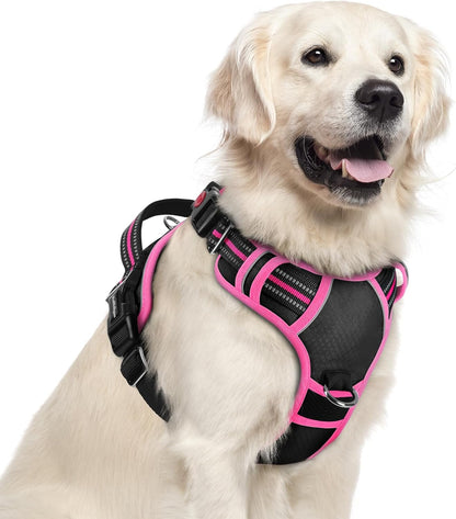 Dog Harness for Large, No Pull 3 Buckles Easy On & Off | Soft Padded, Walking with Control Handle, Adjustable and Reflective, Pink, Large