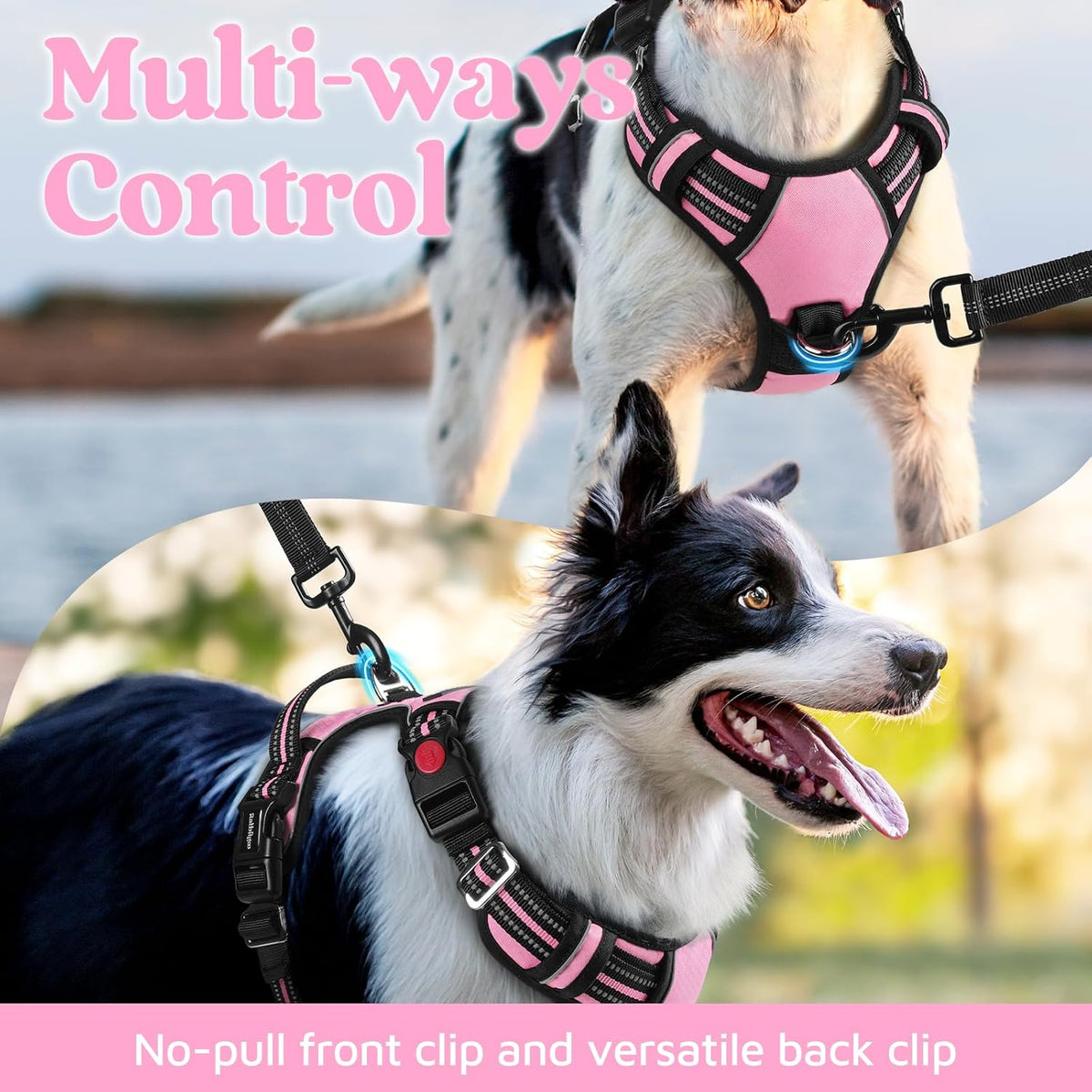 Dog Harness for Large, No Pull 3 Buckles Easy On & Off | Soft Padded, Walking with Control Handle, Adjustable and Reflective, Pink, Large