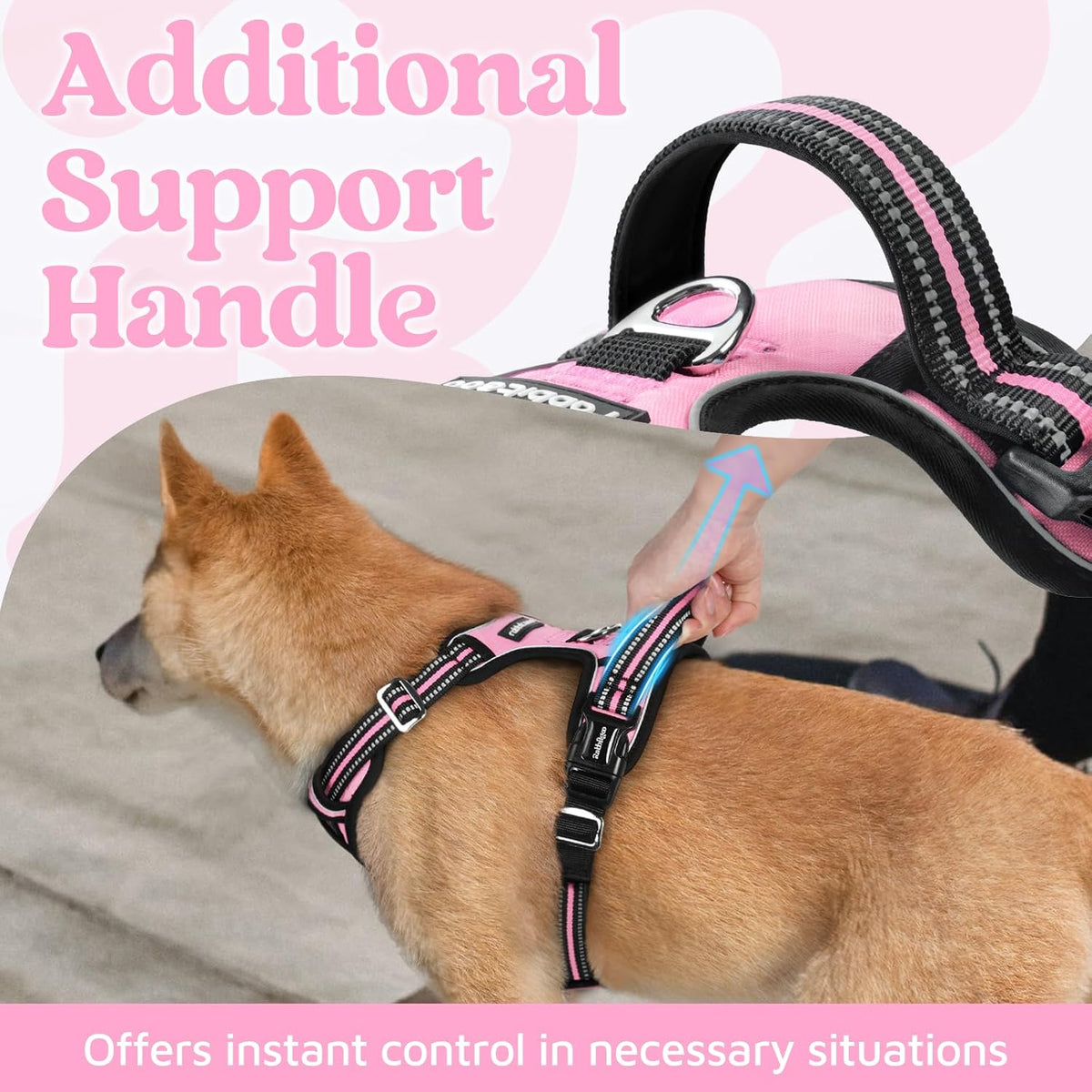 Dog Harness for Large, No Pull 3 Buckles Easy On & Off | Soft Padded, Walking with Control Handle, Adjustable and Reflective, Pink, Large