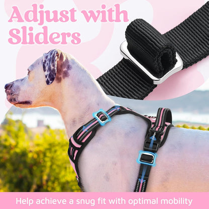 Dog Harness for Large, No Pull 3 Buckles Easy On & Off | Soft Padded, Walking with Control Handle, Adjustable and Reflective, Pink, Large