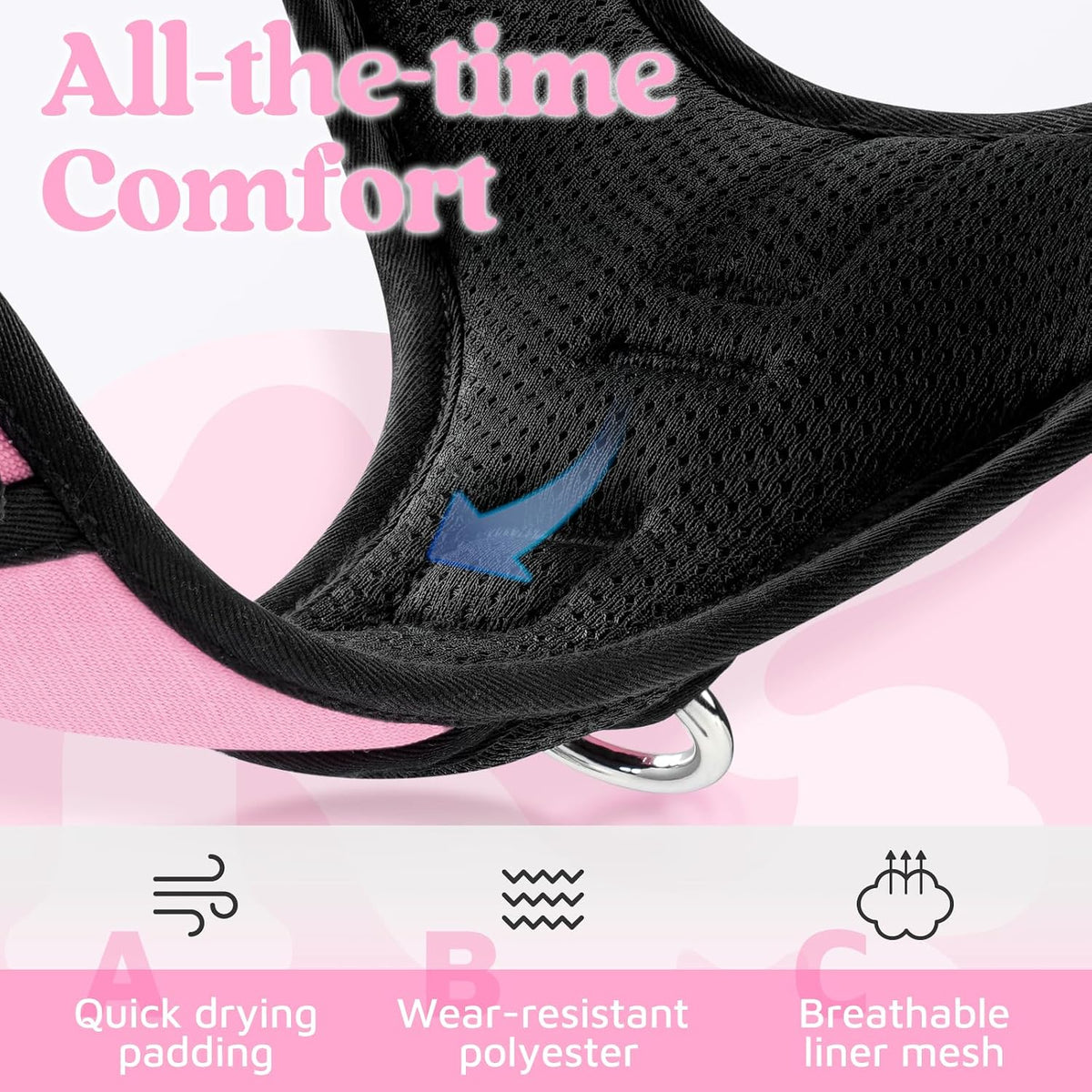 Dog Harness for Large, No Pull 3 Buckles Easy On & Off | Soft Padded, Walking with Control Handle, Adjustable and Reflective, Pink, Large