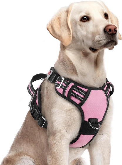Dog Harness for Large, No Pull 3 Buckles Easy On & Off | Soft Padded, Walking with Control Handle, Adjustable and Reflective, Pink, Large