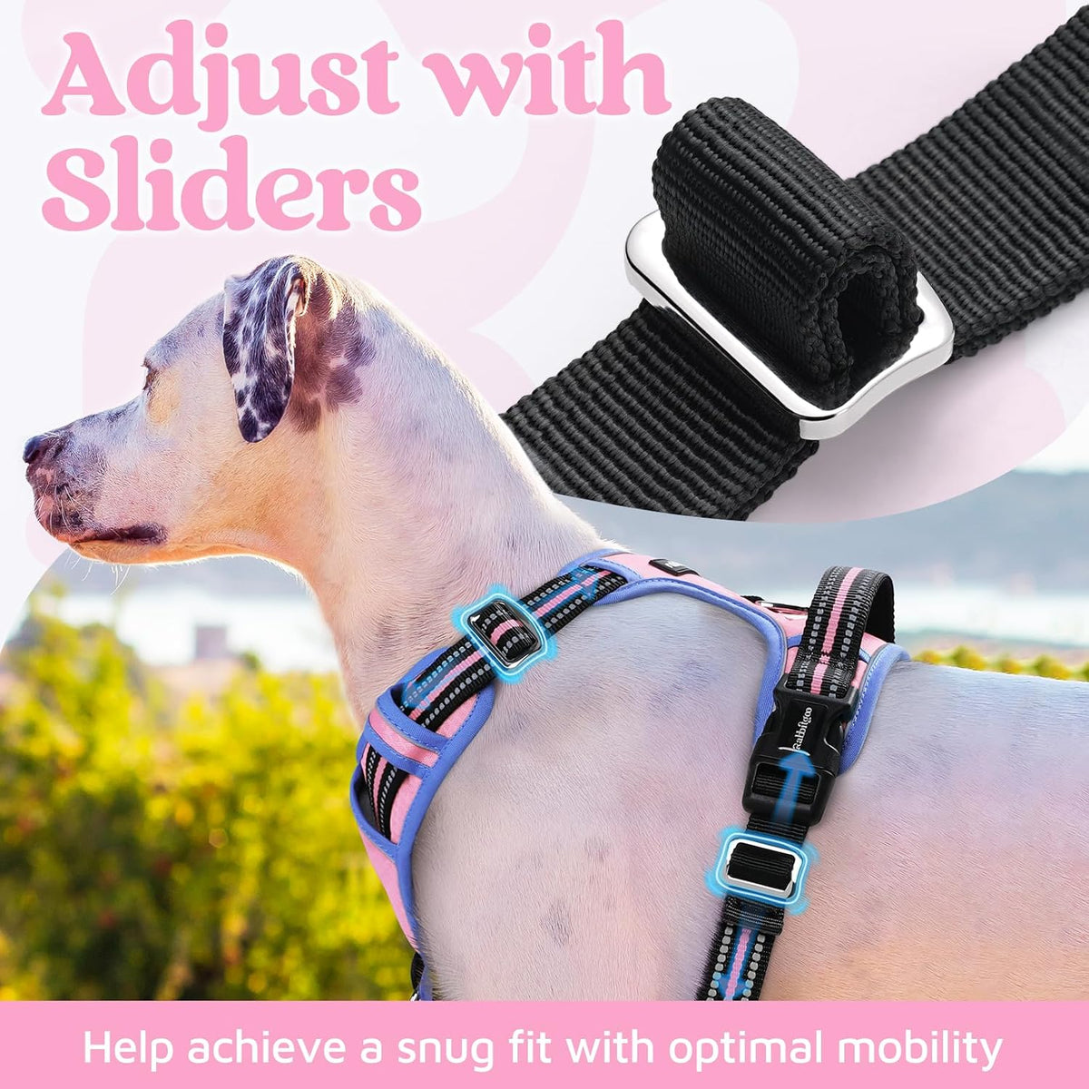Dog Harness for Large, No Pull 3 Buckles Easy On & Off | Soft Padded, Walking with Control Handle, Adjustable and Reflective, Pink, Large