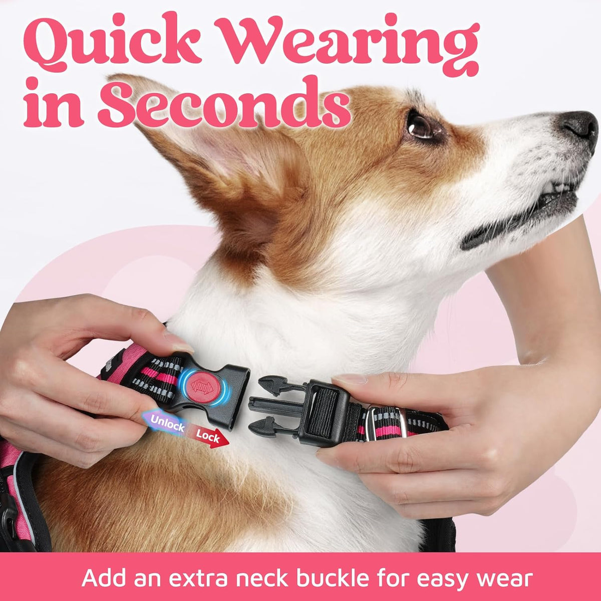 Dog Harness for Large, No Pull 3 Buckles Easy On & Off | Soft Padded, Walking with Control Handle, Adjustable and Reflective, Pink, Large