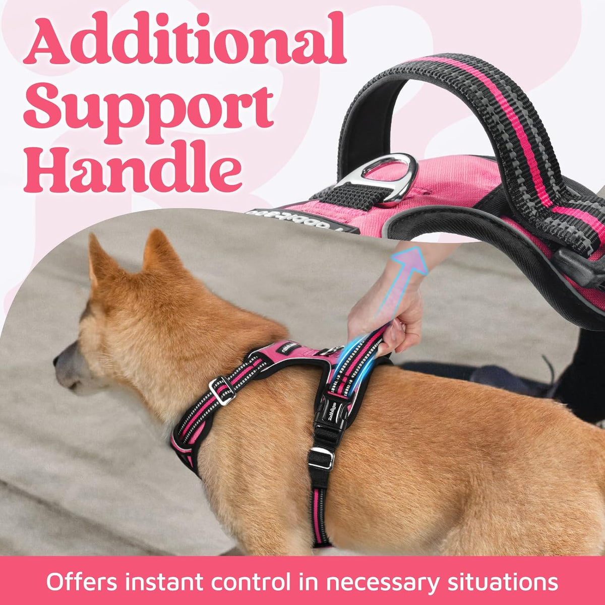 Dog Harness for Large, No Pull 3 Buckles Easy On & Off | Soft Padded, Walking with Control Handle, Adjustable and Reflective, Pink, Large