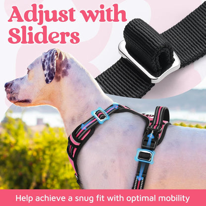 Dog Harness for Large, No Pull 3 Buckles Easy On & Off | Soft Padded, Walking with Control Handle, Adjustable and Reflective, Pink, Large