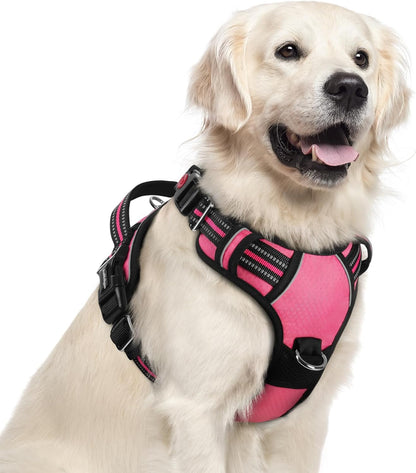 Dog Harness for Large, No Pull 3 Buckles Easy On & Off | Soft Padded, Walking with Control Handle, Adjustable and Reflective, Pink, Large