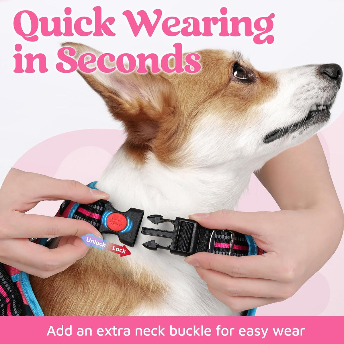 Dog Harness for Large, No Pull 3 Buckles Easy On & Off | Soft Padded, Walking with Control Handle, Adjustable and Reflective, Pink, Large