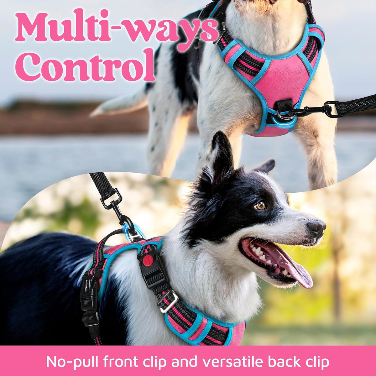 Dog Harness for Large, No Pull 3 Buckles Easy On & Off | Soft Padded, Walking with Control Handle, Adjustable and Reflective, Pink, Large