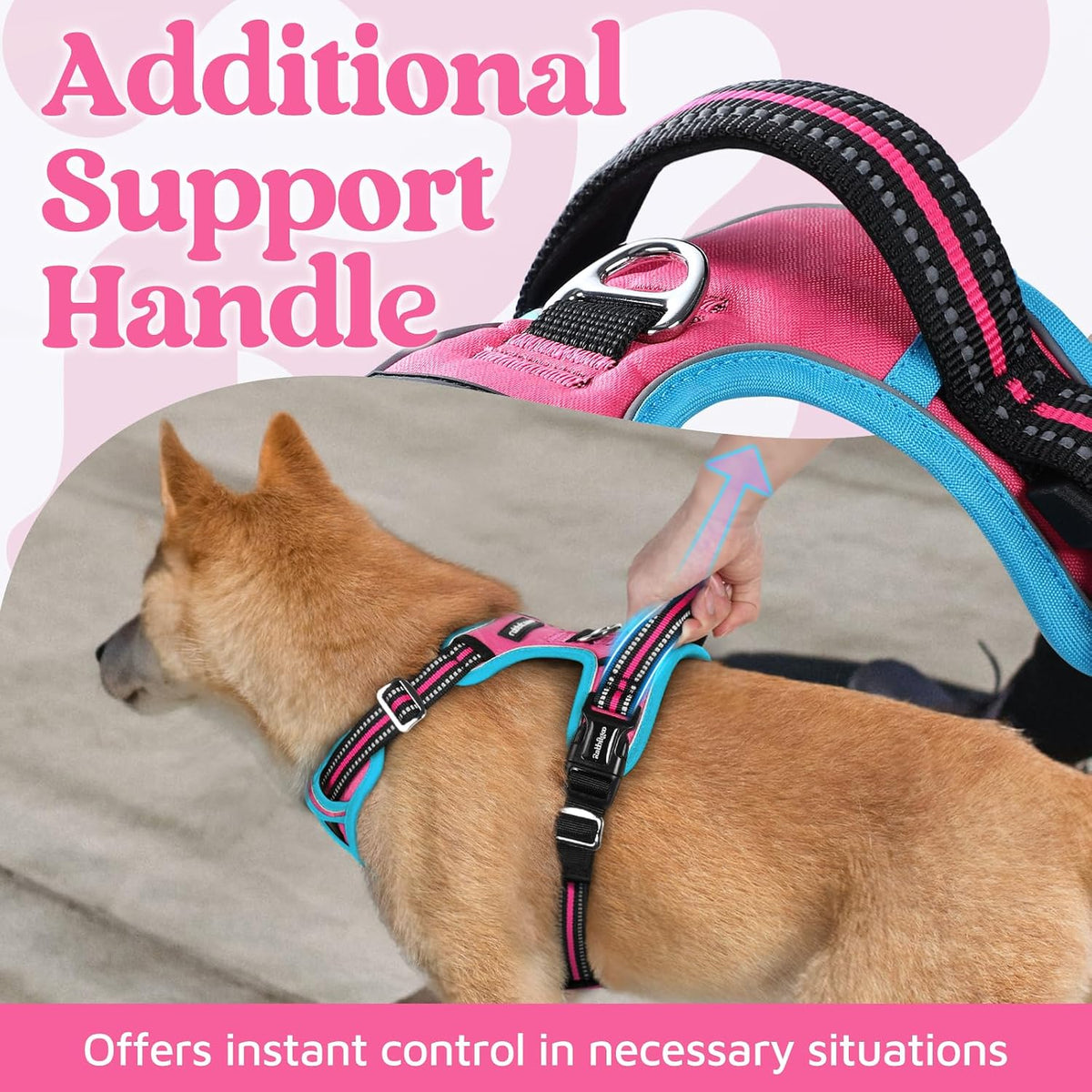 Dog Harness for Large, No Pull 3 Buckles Easy On & Off | Soft Padded, Walking with Control Handle, Adjustable and Reflective, Pink, Large