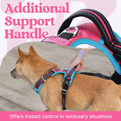 Dog Harness for Large, No Pull 3 Buckles Easy On & Off | Soft Padded, Walking with Control Handle, Adjustable and Reflective, Pink, Large