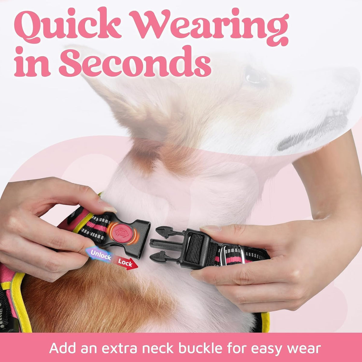Dog Harness for Large, No Pull 3 Buckles Easy On & Off | Soft Padded, Walking with Control Handle, Adjustable and Reflective, Pink, Large