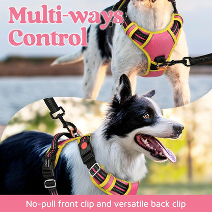 Dog Harness for Large, No Pull 3 Buckles Easy On & Off | Soft Padded, Walking with Control Handle, Adjustable and Reflective, Pink, Large