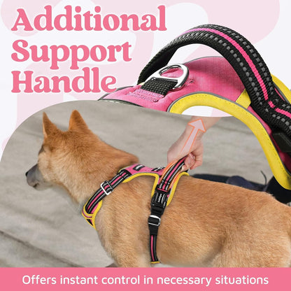 Dog Harness for Large, No Pull 3 Buckles Easy On & Off | Soft Padded, Walking with Control Handle, Adjustable and Reflective, Pink, Large