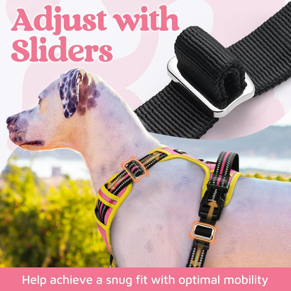 Dog Harness for Large, No Pull 3 Buckles Easy On & Off | Soft Padded, Walking with Control Handle, Adjustable and Reflective, Pink, Large