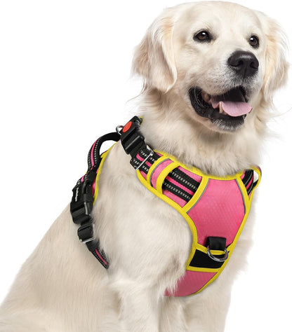 Dog Harness for Large, No Pull 3 Buckles Easy On & Off | Soft Padded, Walking with Control Handle, Adjustable and Reflective, Pink, Large