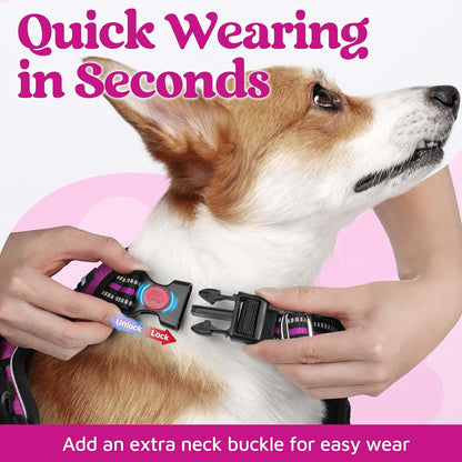 Dog Harness for Large, No Pull 3 Buckles Easy On & Off | Soft Padded, Walking with Control Handle, Adjustable and Reflective, Pink, Large