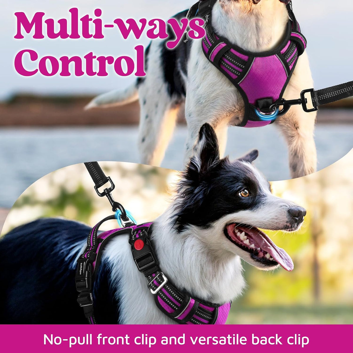 Dog Harness for Large, No Pull 3 Buckles Easy On & Off | Soft Padded, Walking with Control Handle, Adjustable and Reflective, Pink, Large