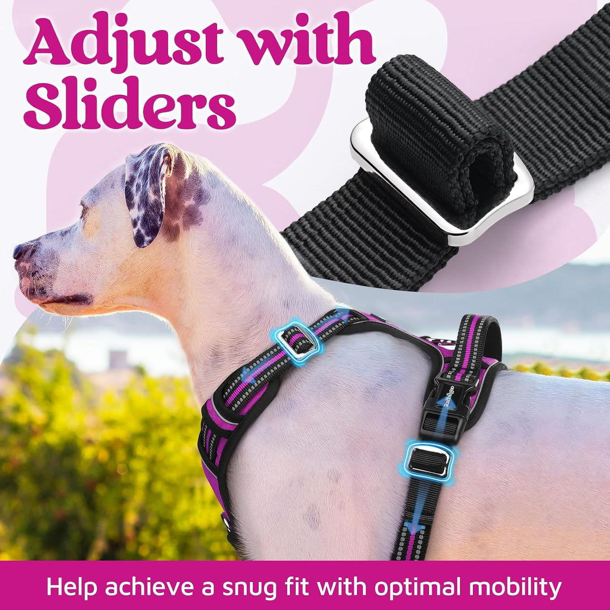 Dog Harness for Large, No Pull 3 Buckles Easy On & Off | Soft Padded, Walking with Control Handle, Adjustable and Reflective, Pink, Large