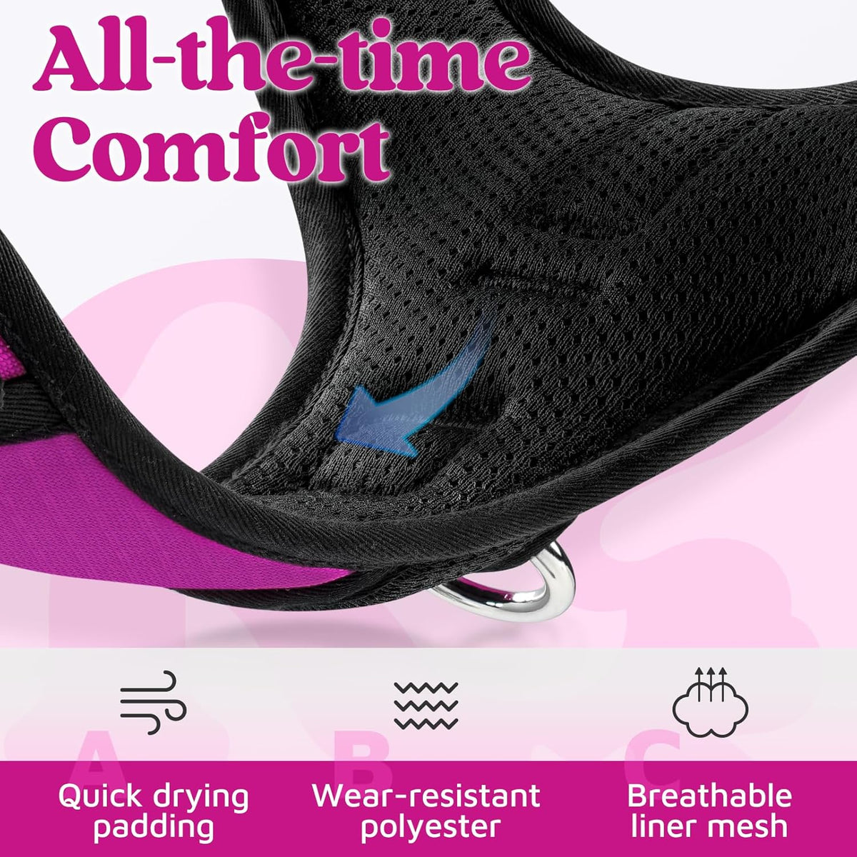 Dog Harness for Large, No Pull 3 Buckles Easy On & Off | Soft Padded, Walking with Control Handle, Adjustable and Reflective, Pink, Large