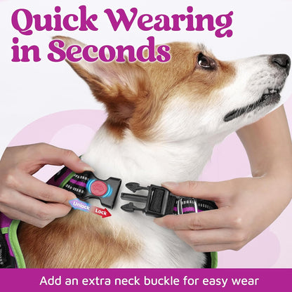 Dog Harness for Large, No Pull 3 Buckles Easy On & Off | Soft Padded, Walking with Control Handle, Adjustable and Reflective, Pink, Large
