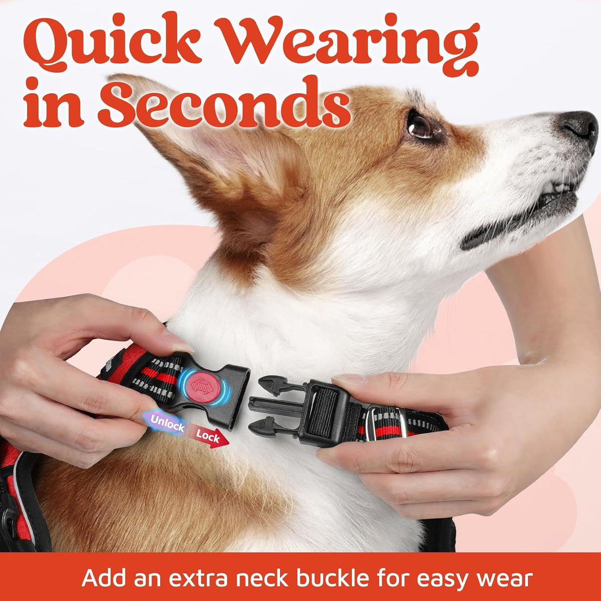 Dog Harness for Large, No Pull 3 Buckles Easy On & Off | Soft Padded, Walking with Control Handle, Adjustable and Reflective, Pink, Large