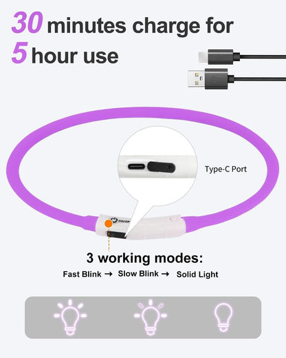 Light Up Dog Collar, LED Silicone Cut-to-Fit Rainproof, Purple