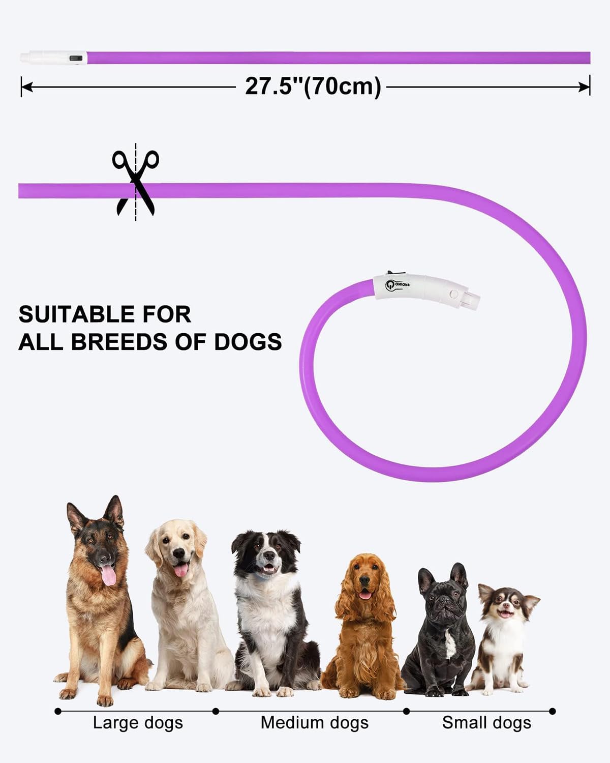 Light Up Dog Collar, LED Silicone Cut-to-Fit Rainproof, Purple