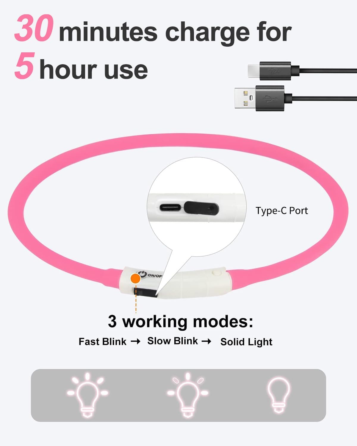 Light Up Dog Collar, LED Silicone Cut-to-Fit Rainproof, Purple