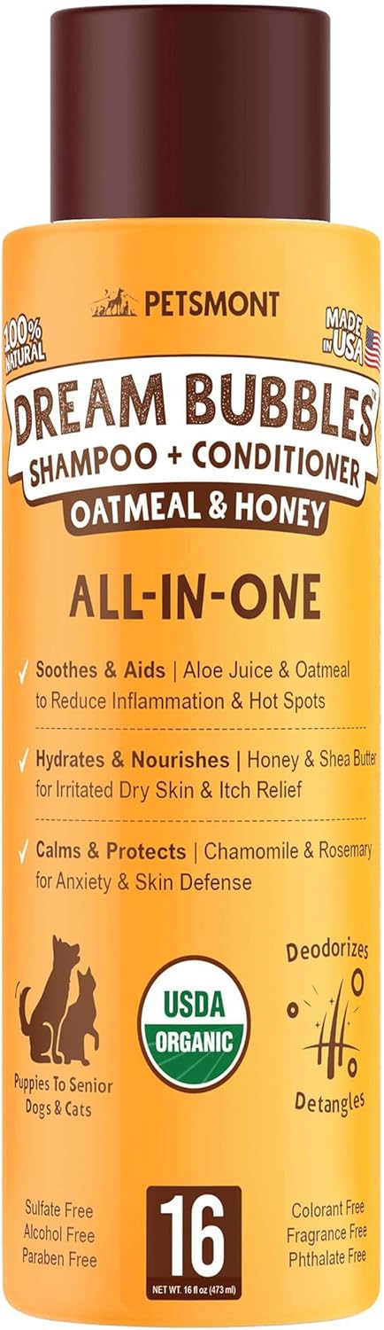 Dream Bubbles Organic Shampoo + Conditioner for Dogs and Cats - Oatmeal Shampoo for Sensitive Skin, Anti Itch Conditioner 2 in 1 Dog Itch Relief - 16oz