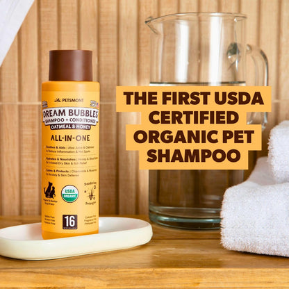 Dream Bubbles Organic Shampoo + Conditioner for Dogs and Cats - Oatmeal Shampoo for Sensitive Skin, Anti Itch Conditioner 2 in 1 Dog Itch Relief - 16oz