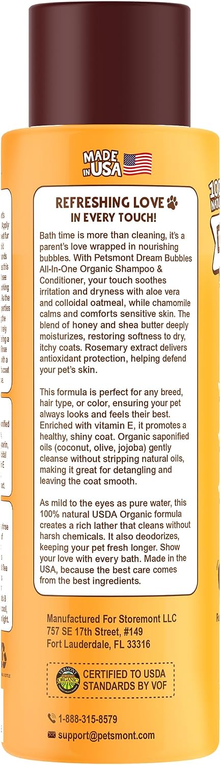 Dream Bubbles Organic Shampoo + Conditioner for Dogs and Cats - Oatmeal Shampoo for Sensitive Skin, Anti Itch Conditioner 2 in 1 Dog Itch Relief - 16oz