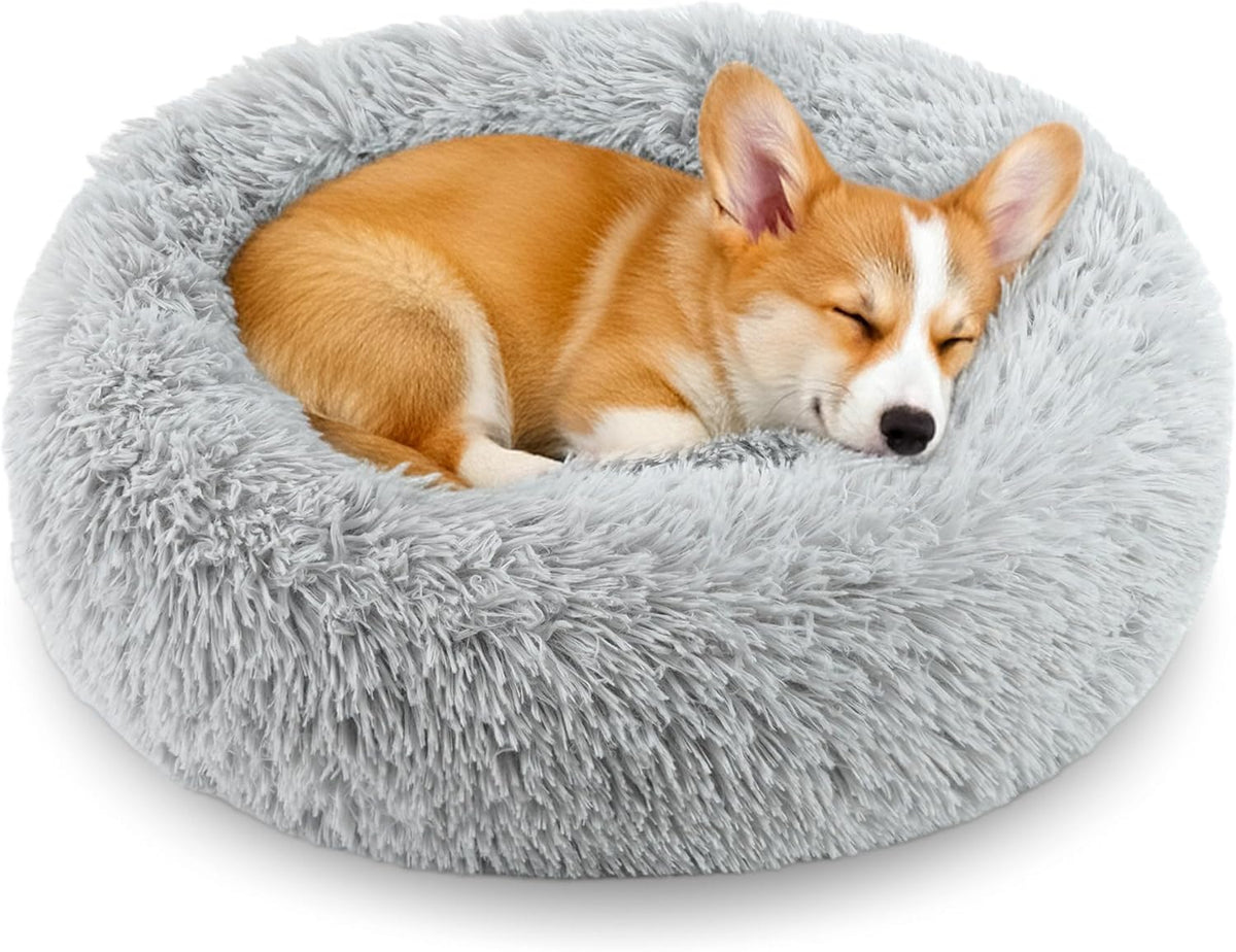Calming Donut Dog and Cat Bed for Indoor Cats, Anti-Anxiety Round Fluffy Soft Washable Small Pet Bed for Puppy and Kitten, Warming Comfortable Luxury Anti-Slip Waterproof Mute Base 20in Gray