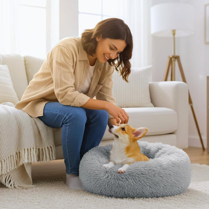 Calming Donut Dog and Cat Bed for Indoor Cats, Anti-Anxiety Round Fluffy Soft Washable Small Pet Bed for Puppy and Kitten, Warming Comfortable Luxury Anti-Slip Waterproof Mute Base 20in Gray