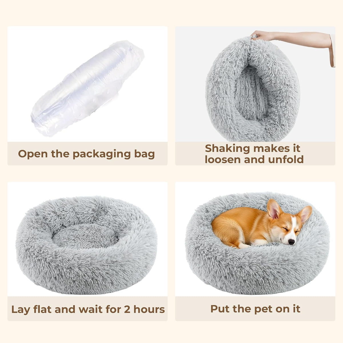 Calming Donut Dog and Cat Bed for Indoor Cats, Anti-Anxiety Round Fluffy Soft Washable Small Pet Bed for Puppy and Kitten, Warming Comfortable Luxury Anti-Slip Waterproof Mute Base 20in Gray
